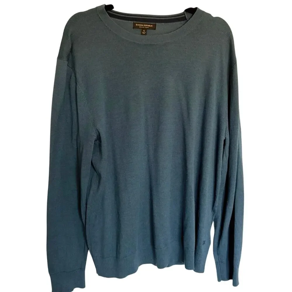 Banana Republic, XL, Teal Blue Merino Wool Sweater, Crewneck, Fine Knit, Mens